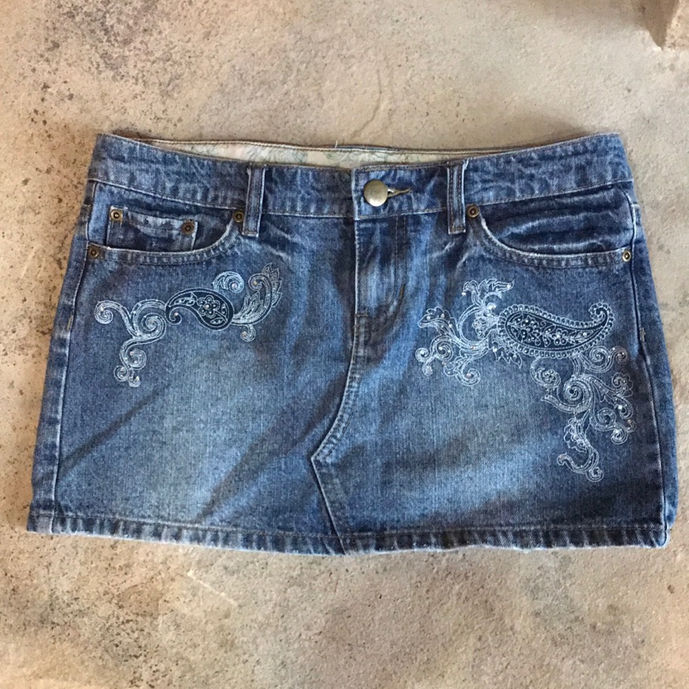 Embellished denim mini skirt